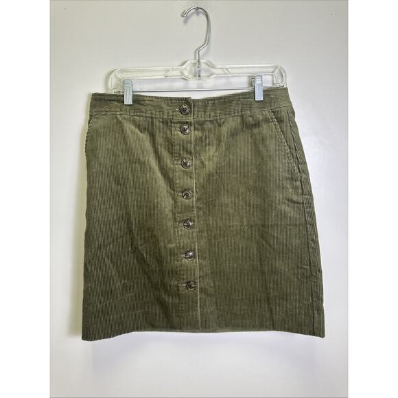 Talbots Knee Length Skirt 8P Green Corduroy Pockets Lined Button Front Fall - Picture 1 of 9
